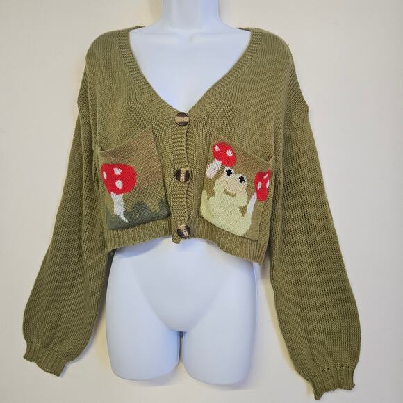 Romwe Green Frog and Mushroom Crop Sweater Size L Y2K Forestcore Gremlincore - Picture 1 of 8